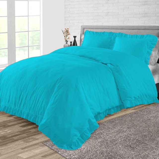 Dee's Collection Full/Queen Size 3 Psc Microfiber Duvet Cover Trimmed Ruffle -Turquoise Blue