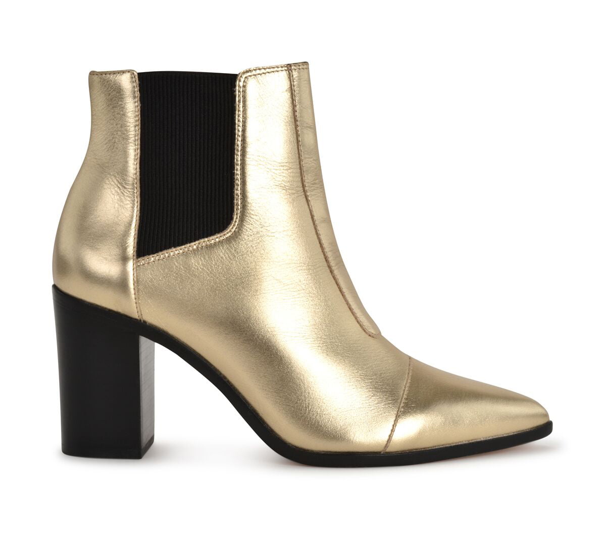 SCHUTZ Happy Platina Gold Leather Pointed Toe Chelsea Block Heel Ankle Bootie