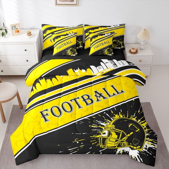 Erosebridal Rugby Sports 7 Pieces Comforter Sets Twin Size Pittsburgh Bedding Set for All Season Gifts for Football Fans Football City Bed in a Bag with Comforter, Sheets, Pillowcases & Cushion Cover