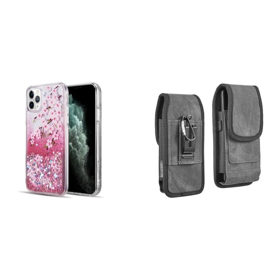 Liquid Glitter Case for iPhone 14 Pro and Belt Holster Pouch - Cherry Blossom