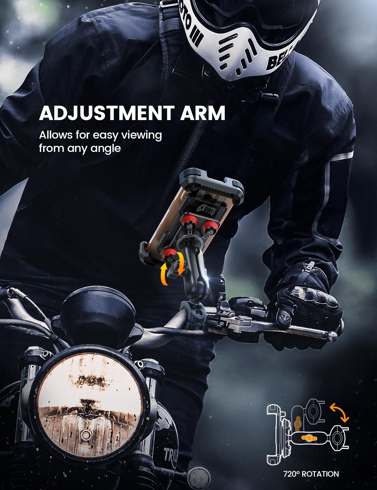 Motorcycle Phone Mount Holder - [Dual Vibration Dampener] [Metal Adjustment Arm] Motorcycle Cell Phone Holder, Bike Handlebar Phone Mount, Gifts for iPhone 16 15 14 Pro Max, 4.7-6.7" Phones