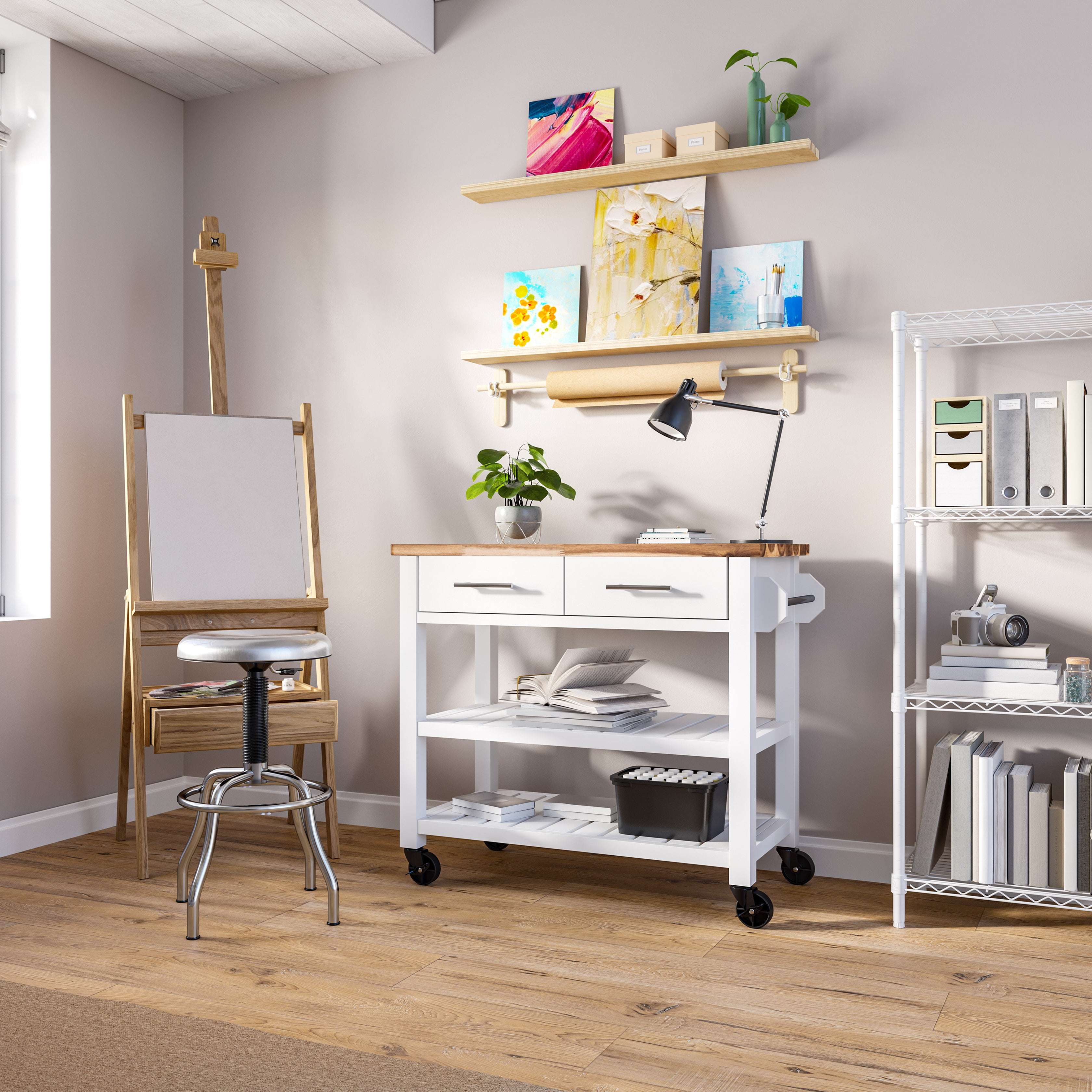 Seville Classics Acacia Wood Top Work Table Island Cart, White