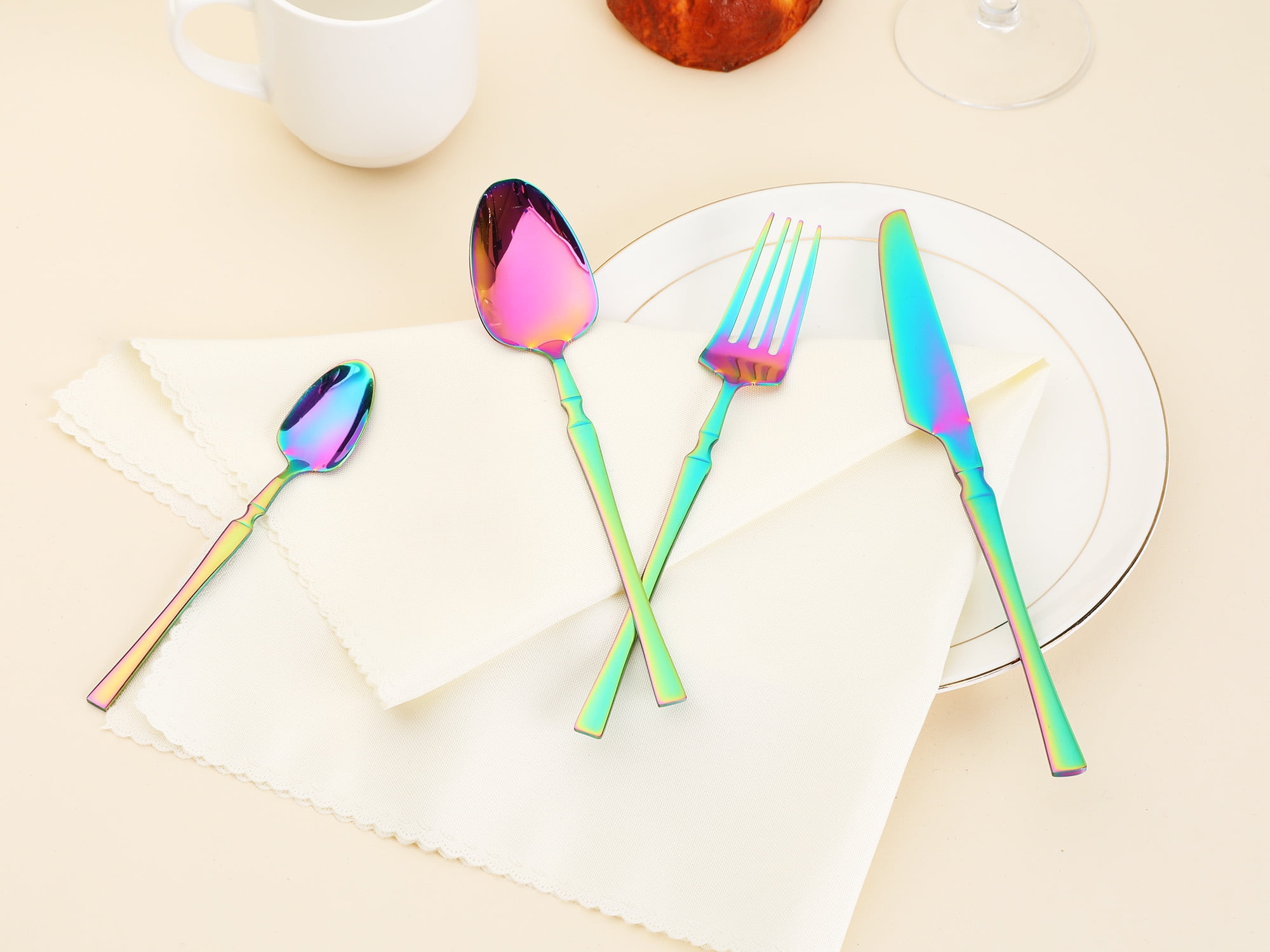 Unique Bargains 24 Pieces Silverware Set Stainless Steel Serving Utensils Set Colorful