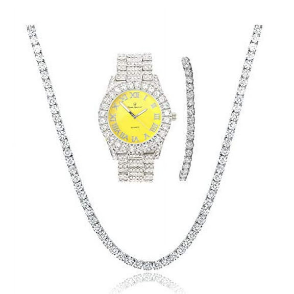 Charles Raymond Women's Big Rocks Colored Dial with Roman Numerals Fully Iced Out Wristwatch and Blinged Out Sparkling Tennis Necklace & Bracelet Jewelry Set - ST10327LA 3pc Set (Silver Yellow)