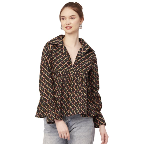 Moomaya Printed Pleated Tops For Women, Long Sleeves Summer Top, Designer Collar Shirt