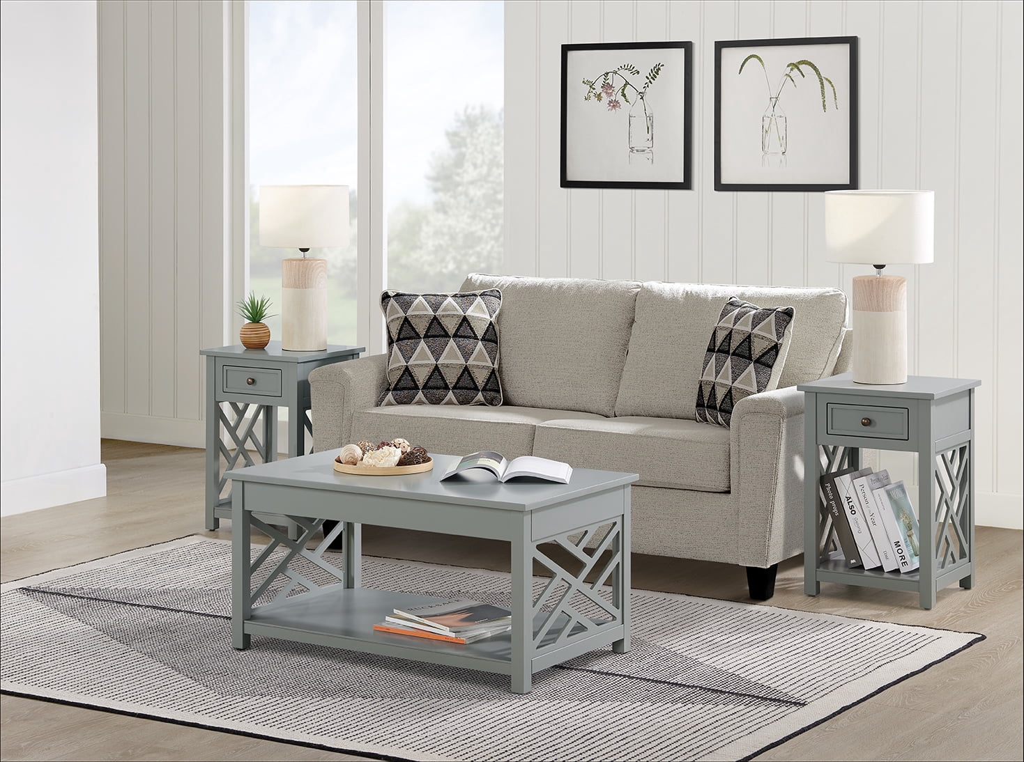 Alaterre Furniture Coventry 36 in. Coffee Table and End Tables Set of 3, Living Room Furniture Collection with Storage, Gray