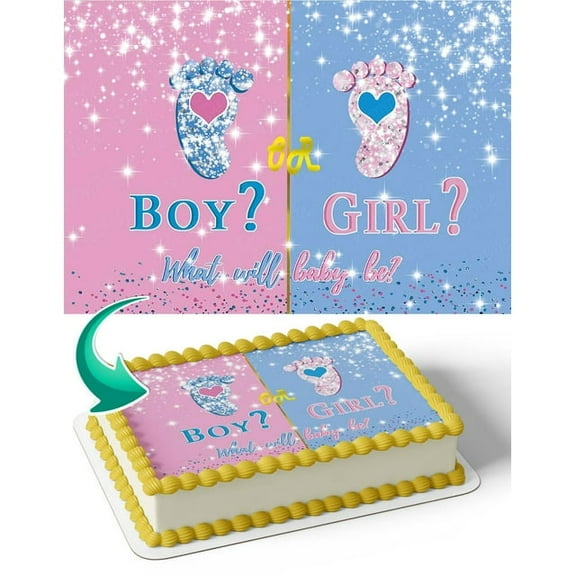 SugarMeLicious Boy or Girl Gender Reveal Cake Image Topper, Personalized 1/4 Sheet Birthday Cake Banner for Parties, Edible Cake Image Topper