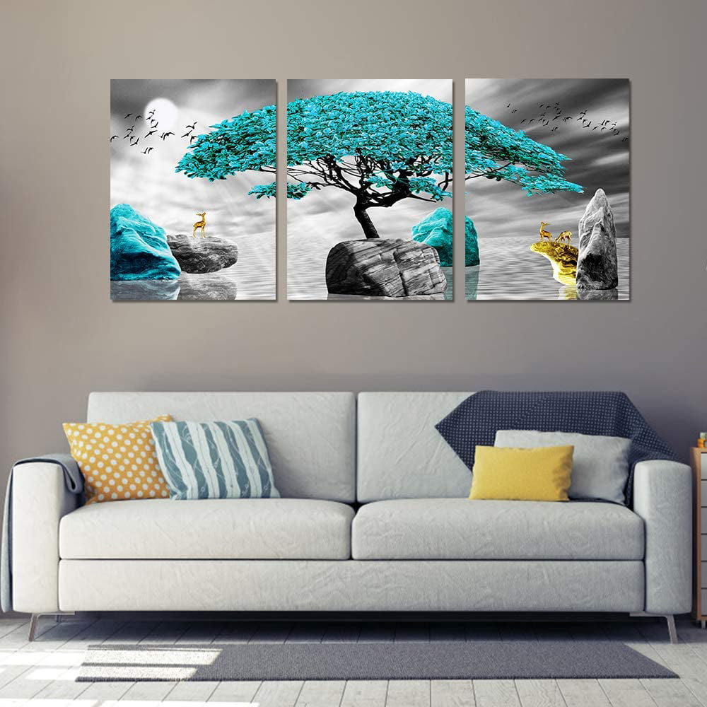 Canvas Wall Art painting for living room bathroom Wall Decor for bedroom kitchen Black and white landscape decor artwork farmhouse blue tree Canvas Art pictures Modern office Home decorations 3 Piece