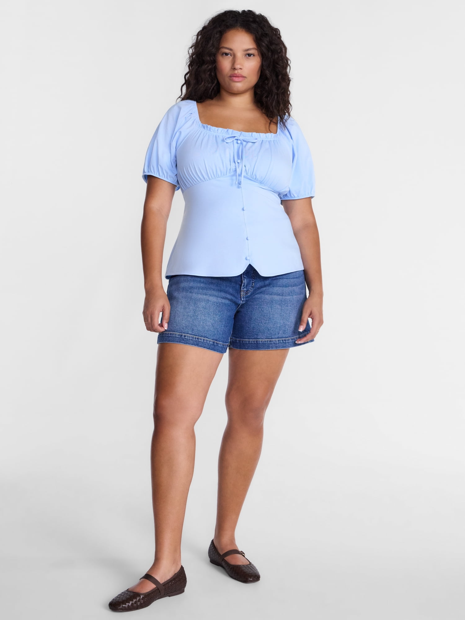Terra & Sky Women's Plus Button Front Babydoll Top with Short Puff Sleeves, Sizes 0X-5X
