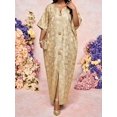 thumbnail image 5 of Gold Floral Jacquard Maxi Tunic Dress With Batwing Sleeves, Front Split, Notched V-Neck, Ornamental Buttons, 5 of 7