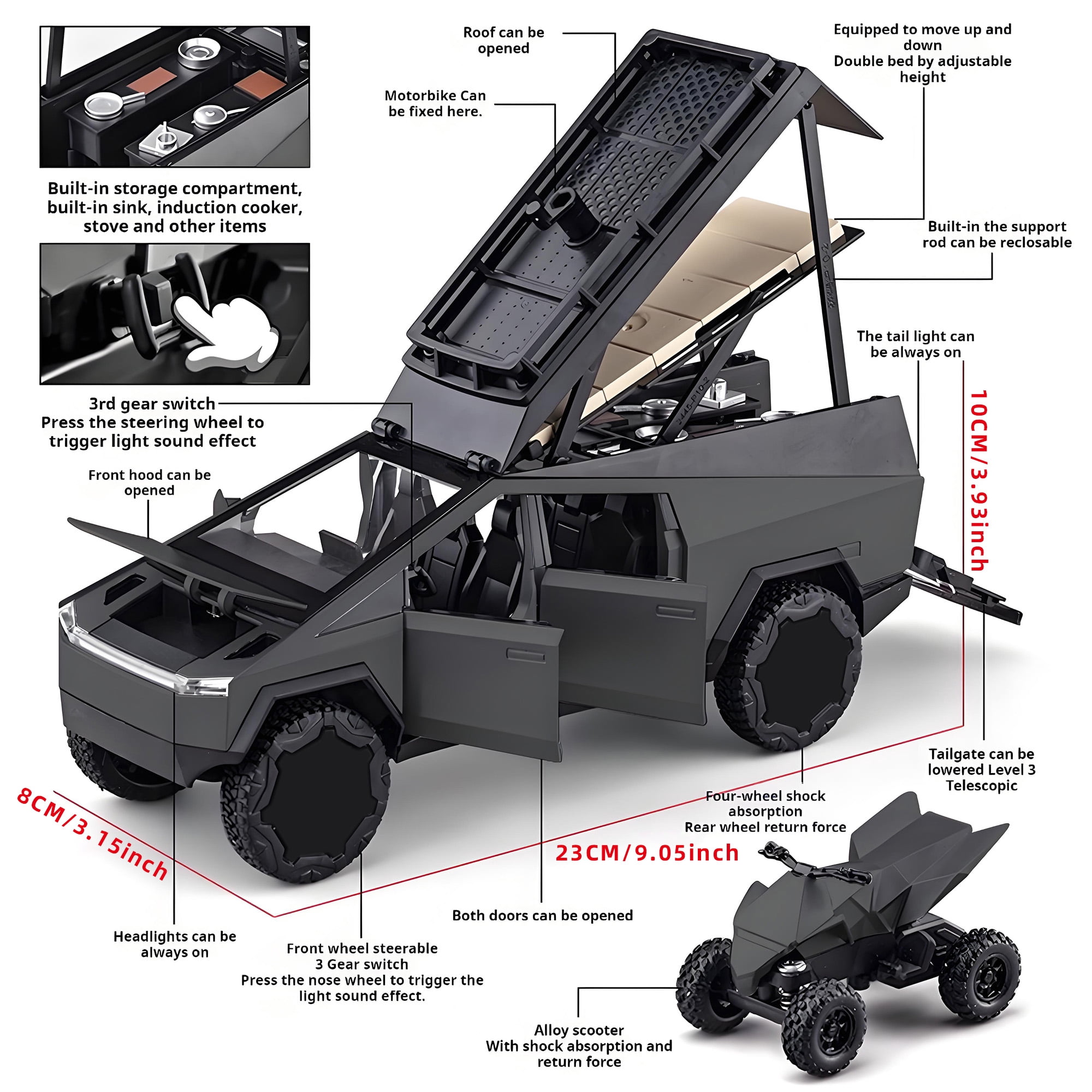 Anmyjuly 1/24 Camping Rv Car Model Toys,Pickup Truck Model with Sound and Light Function, Suitable Gifts, Decorations, Collectibles,Gray
