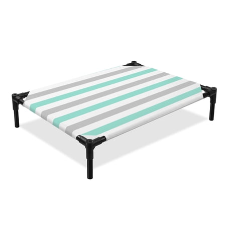 Aqua Grey White Striped Elevated Dog Bed Modern Minimalist Abstract Lines Cooling Breathable Outdoor Raised Dog Cot Bed with Metal Frame Non-Slip Feet for Medium Dog 24x20in