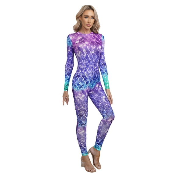 Oyolan Women's Fish Scale Print Jumpsuit Catsuit Long Sleeve One Piece Skinny Rompers Type B S