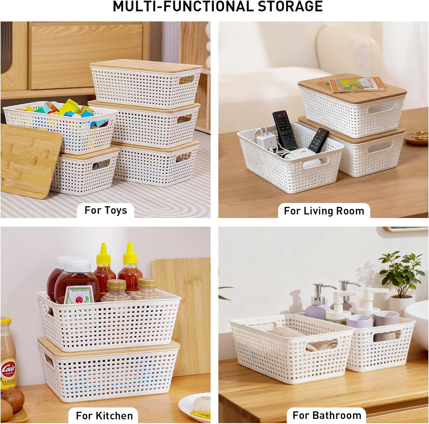 Small Storage Bins with Lids 6 Packs, Plastic Storage Basket with Bamboo Lid for Pantry Organization and Storage Containers for Shelves Drawers Desktop Closet Playroom Office Home, White