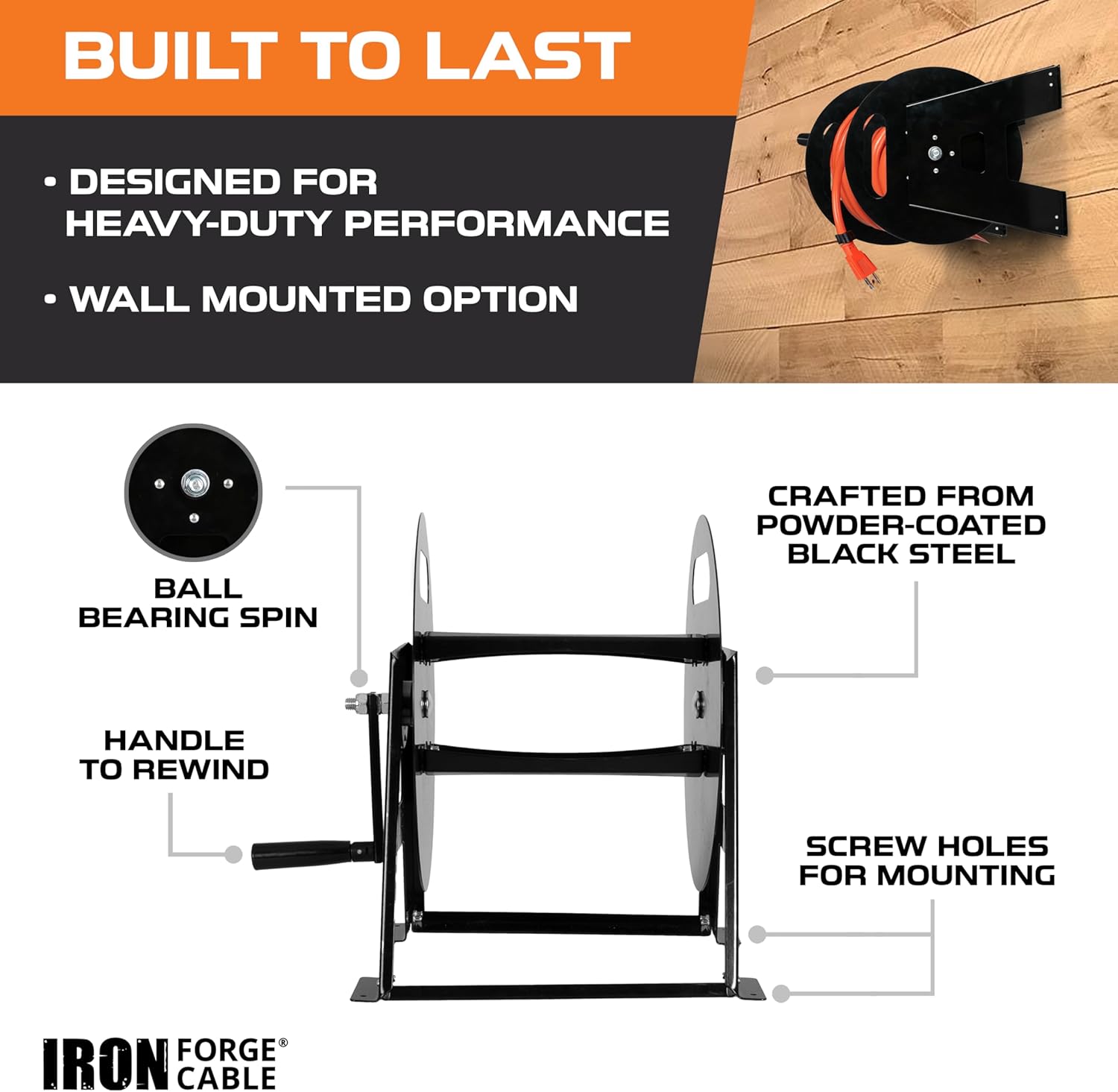 Iron Forge Cable RV Power Cord Reel Metal - Heavy Duty Extension Cord Reel, Holds 50ft 50 Amp RV Wire - Ball Bearing Spin, Powder-Coated Black Steel Frame, Floor or Wall Mountable Base