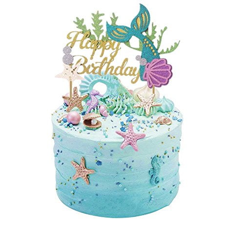 mermaid under the sea cake topper KAPOKKU Glitter Mermaid Cake Topper Happy Birthday Cake Picks Mermaid Cake Decoration for Mermaid Baby Shower Birthday Party Supplies 