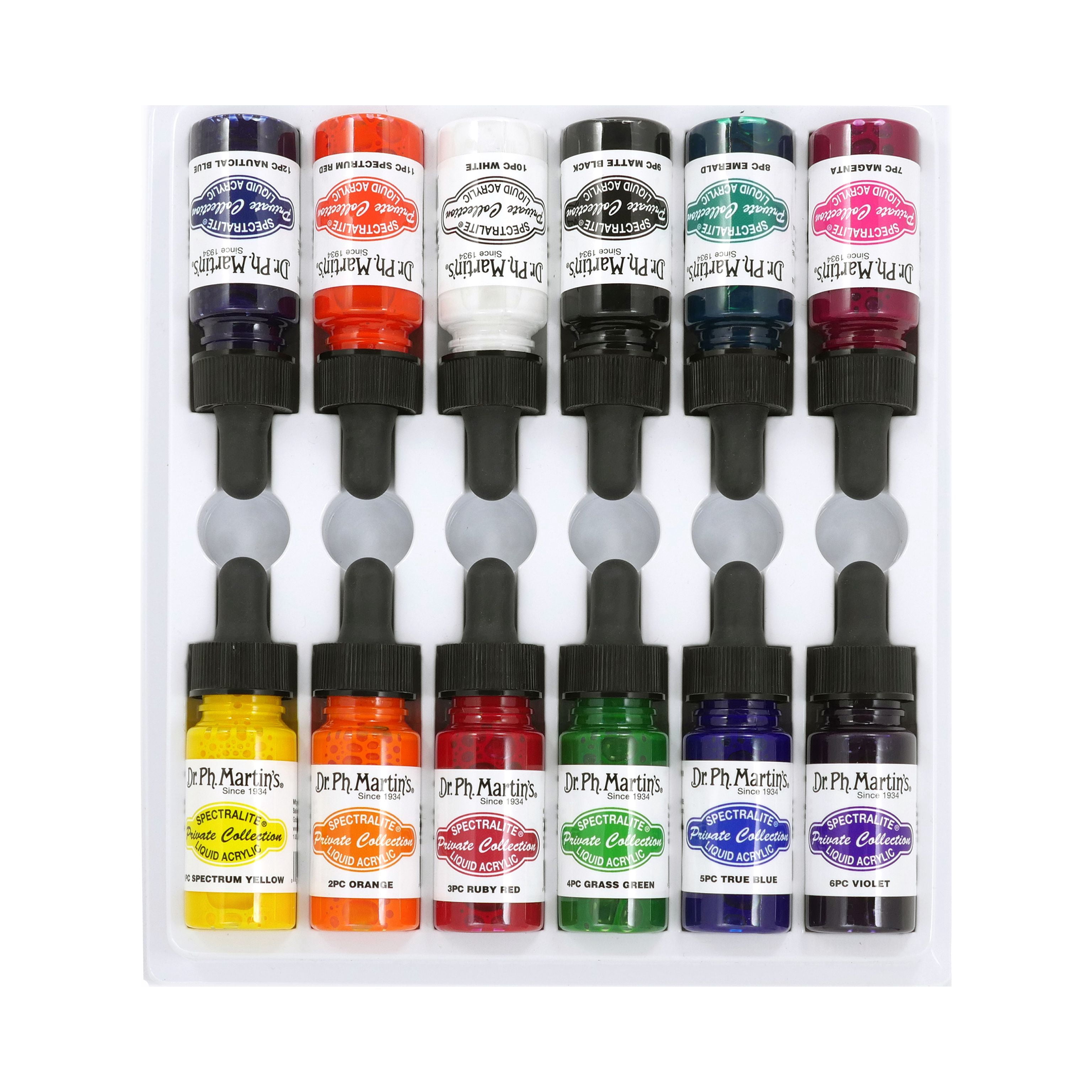 Dr. Ph. Martin's® Spectralite Private Collection Liquid Acrylics (Set 1) Arcylic Paint Set, ½ US fl oz, Set 1 Colors, 1 Set of 12 Bottles