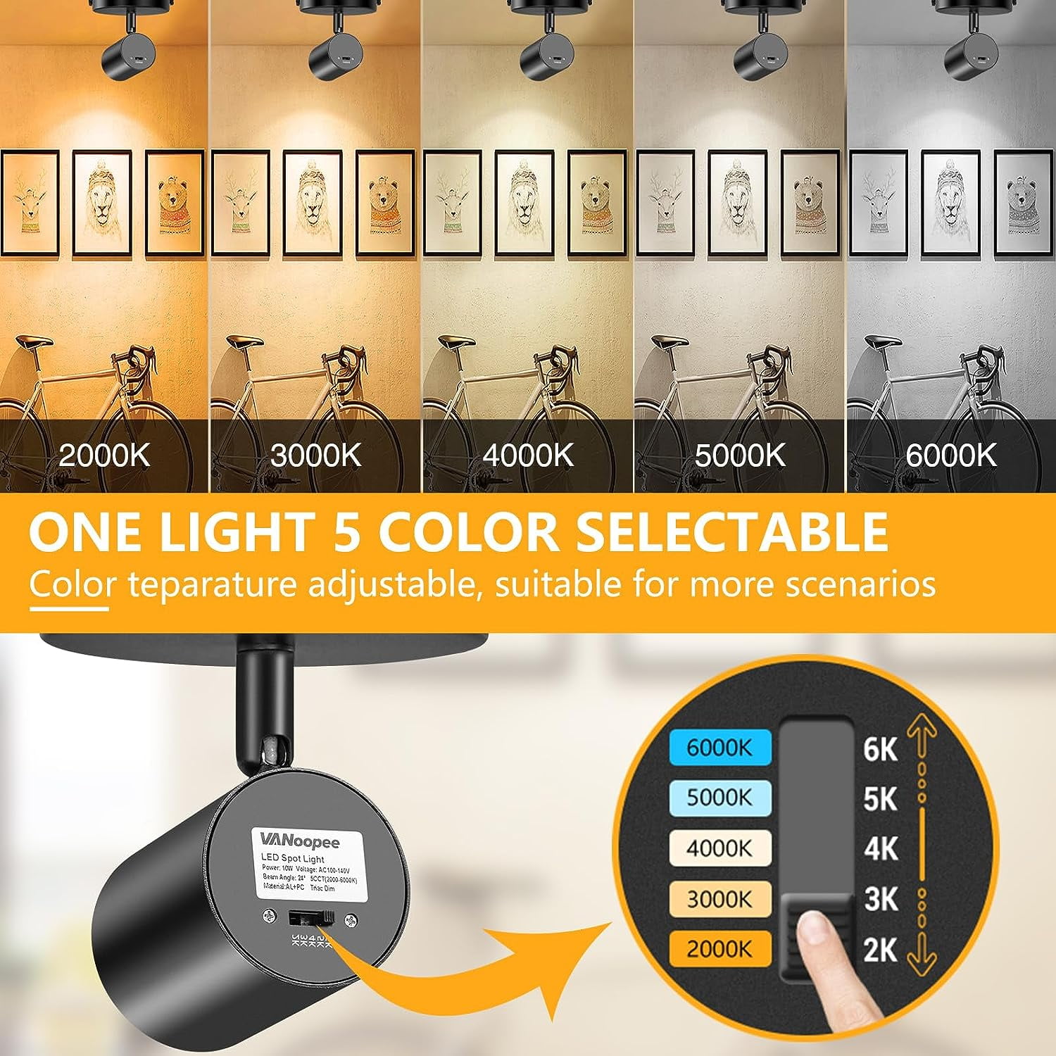 VANoopee 5-Color Dimmable Ceiling Spotlight Flush Mount Adjustable Directional LED Spot Lights Indoor Bright Accent Fixture for Art Picture Living Room Bedroom - CRI90 24° Flicker Free 10W 800lm Black