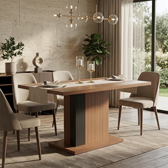 Manora 55.2'' Rectangular Dining Table for 4 People, Wood Farmhouse Dinner Table for Kitchen, Dining Room, Walnut & Black