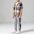 thumbnail image 4 of BLVB Boys Clothes Sets Plaid Short Sleeve Hooded Button Shirt and Jogger Pants for Toddler Kids Fall Outfits(Khaki AA1,6-7Years), 4 of 9