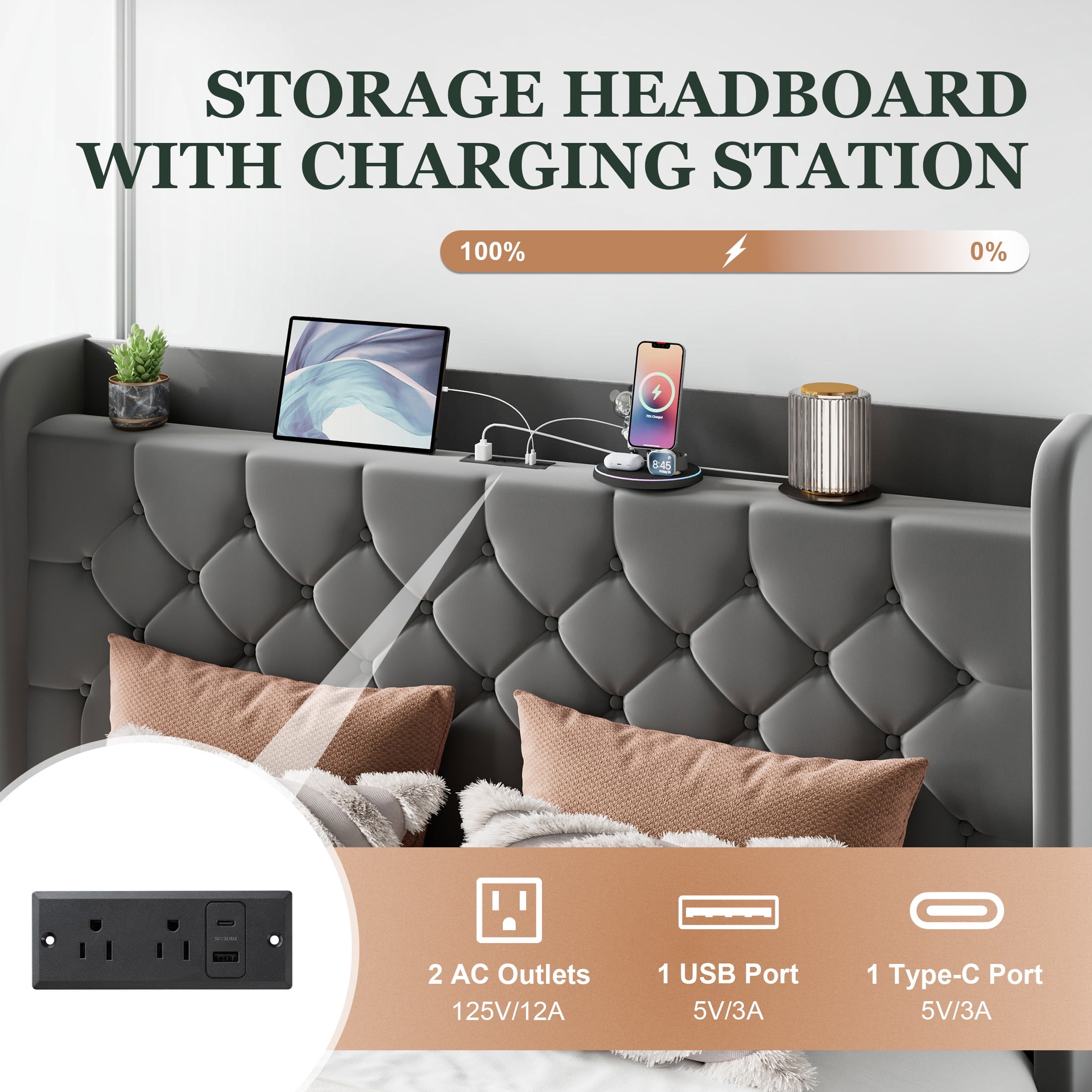 Einfach Full Bed Frame, Upholstered Platform Bed with Storage Wingback Headboard and Fast Charging Hub, No Box Spring Required, Gray