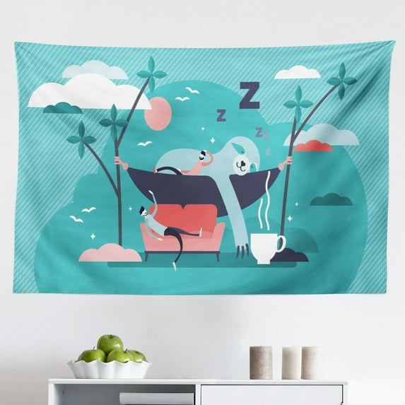 Funny Sloth Tapestry, Strelitzia Flower Snowy Climate Palm Tree Leaves Rhythmic Pattern, Fabric Wall Hanging Decor for Bedroom Living Room Dorm, 2 Sizes, Baby Blue and Multicolor, by Ambesonne