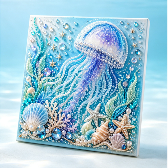Ocean Theme Pearl Art DIY Kit, 3D Sparkling Coastal Wall Decor Set,Ocean Animal Diamond Art Kits, Beginner-friendly, Leisure craft, All-occasion gift, Wall display (Jellyfish)