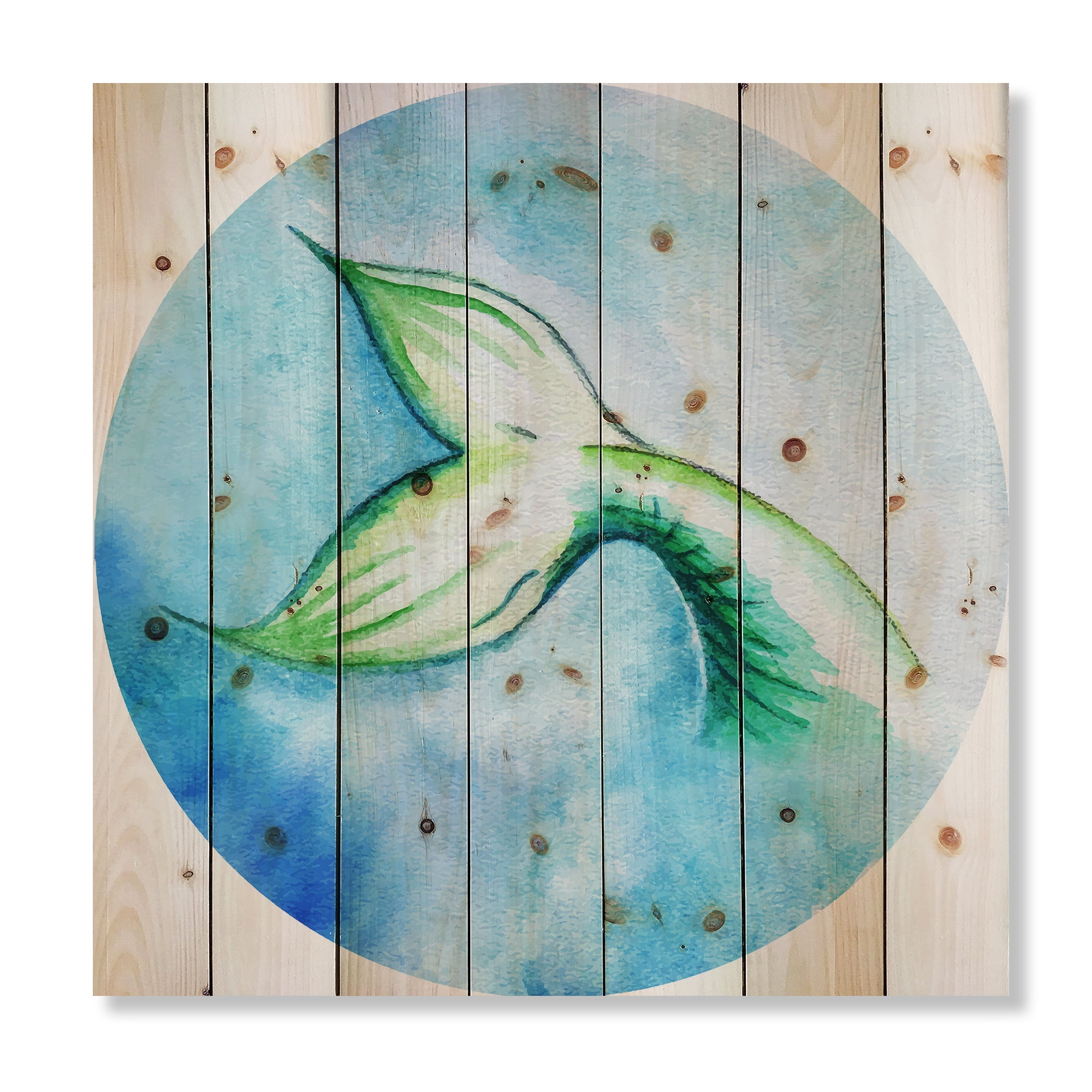 Designart 'Mermaid Green Fish Tail' Nautical & Coastal Print on Natural Pine Wood
