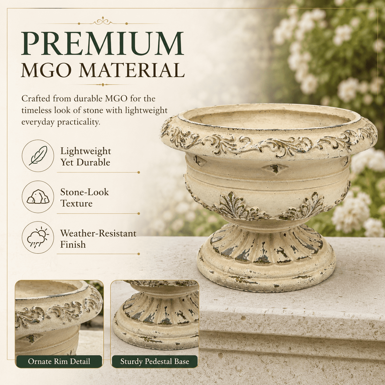 Aukfa Large MGO Garden Urn Planter, Outdoor Tall Decorative Stone-Look Flower Pot with Drainage Hole & Weather-Resistant, White