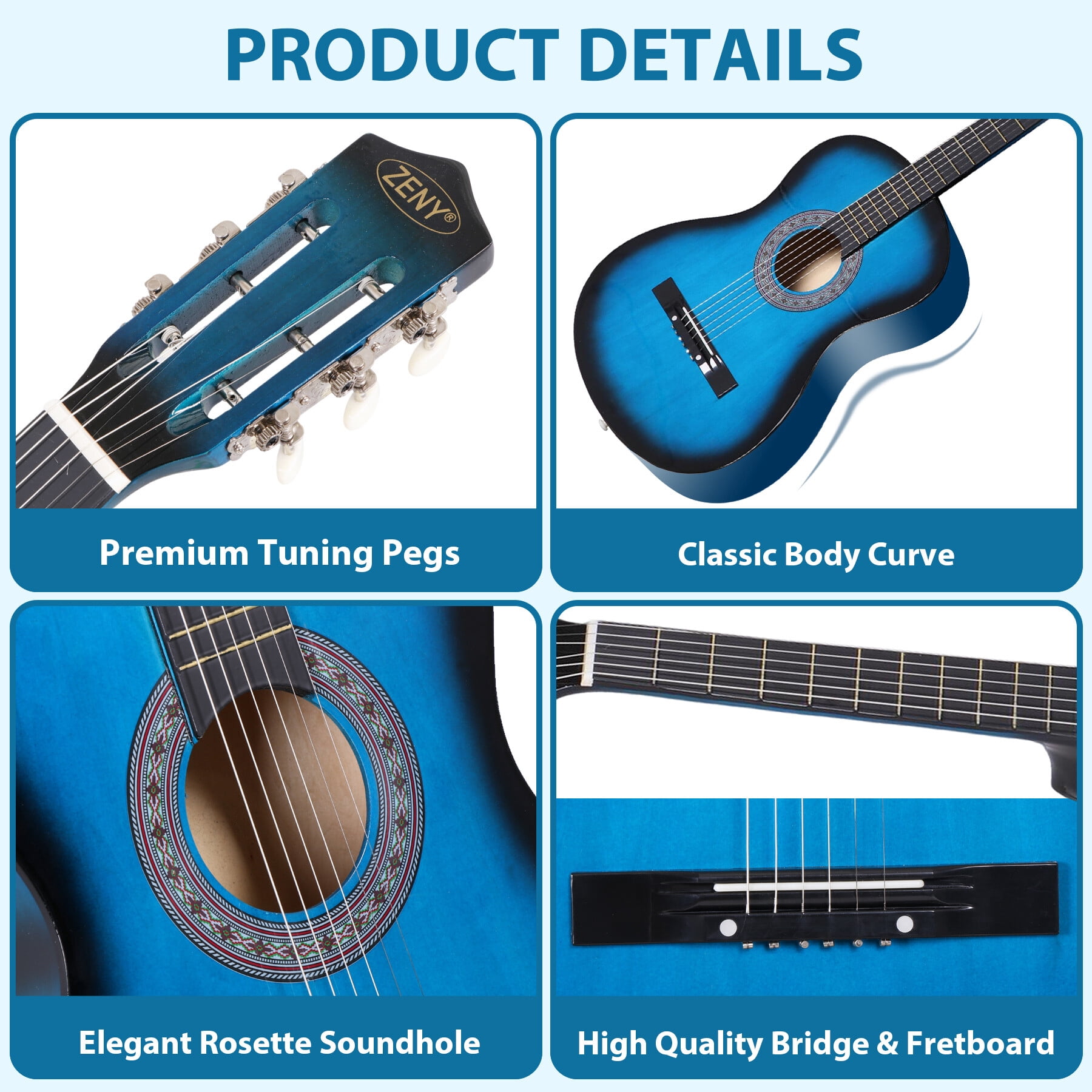 ZENY 38" Acoustic Guitar for Beginners, Student Starter Kit with Gig Bag, Strap, Tuner & Picks -Blue