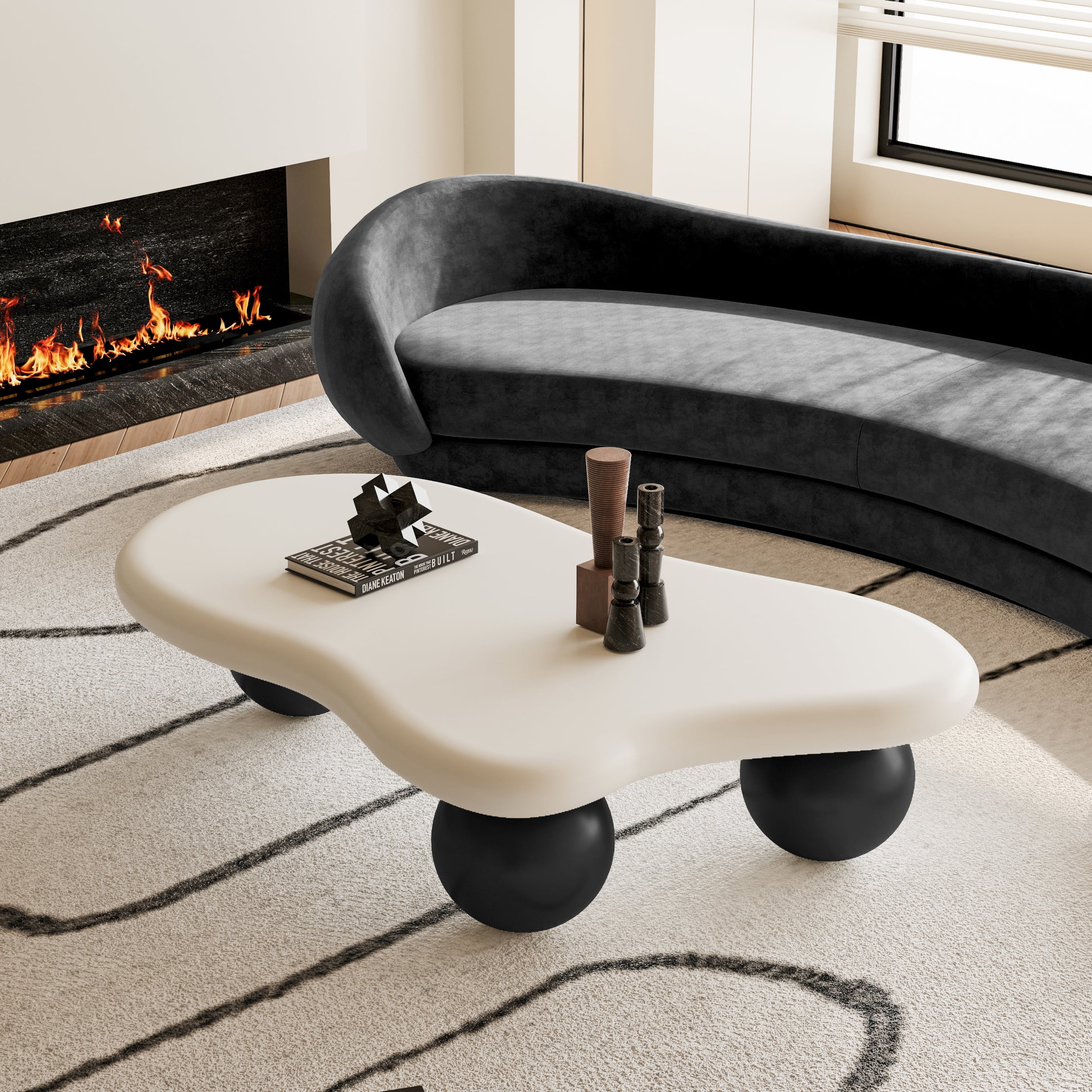 47 Inch Cloud Shaped Coffee Table with 3 Ball Legs for Living Room, White Top Black Legs