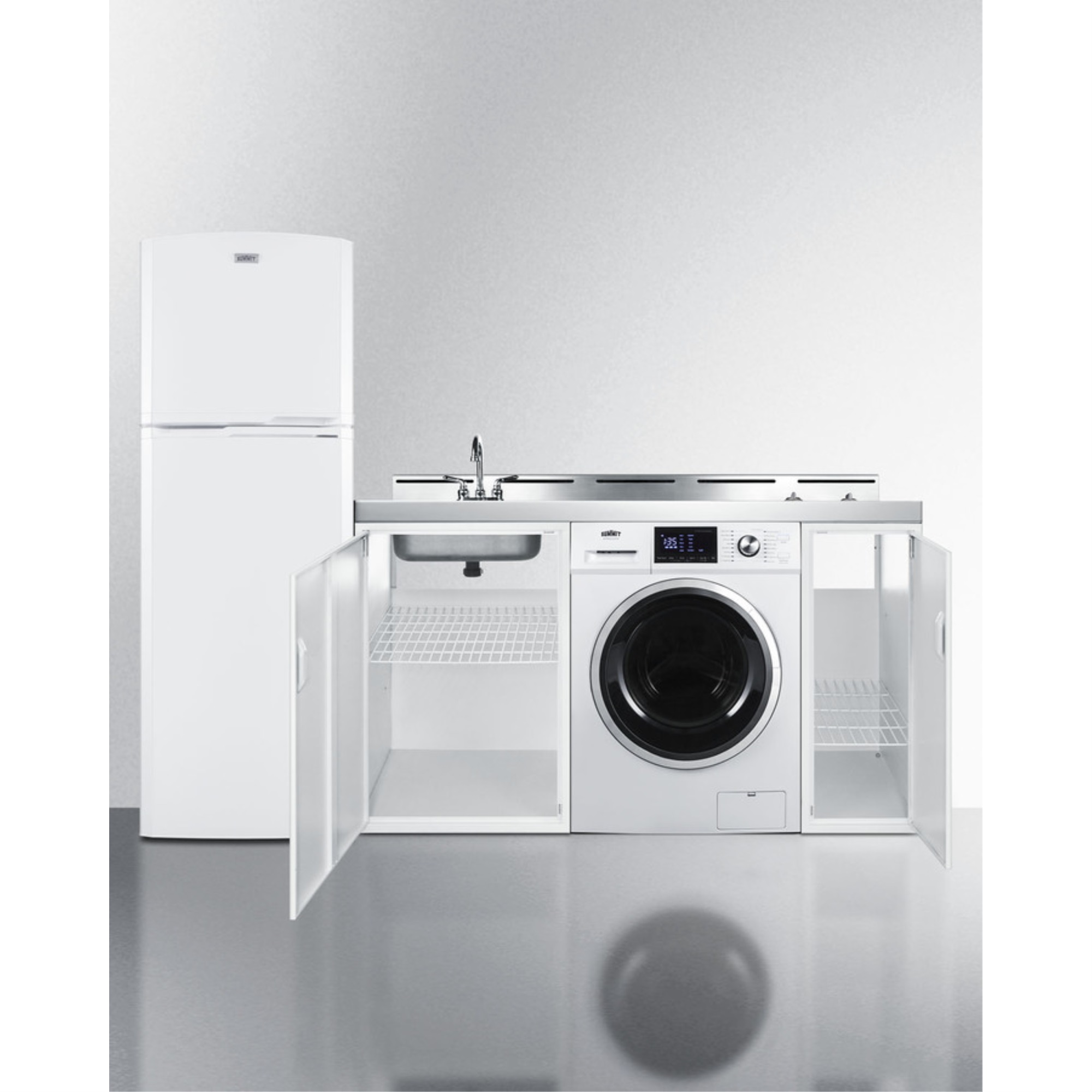 All-in-one combination kitchenette with full-sized refrigerator-freezer, 115V combo washer/dryer, sink, storage cabinet, and 2-burner coil cooktop