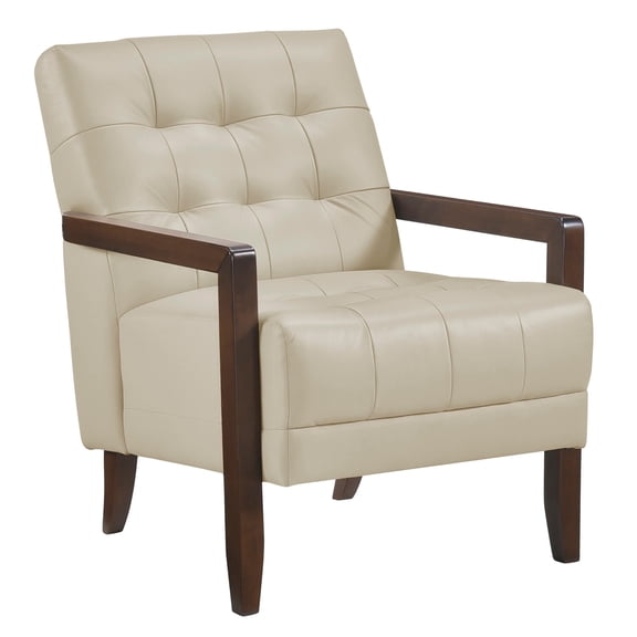 Lenie Accent Armchair- Button Tufted Beige Leather- Walnut Brown Wood