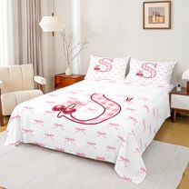 Feelyou Buffalo Initial Letter Full Size Sheets for Kids, Kawaii Pink Ribbon Bow-tie Bed Sheets, Monogrammed S Sheet Sets, Lightweight Room Decor, 4 Pieces