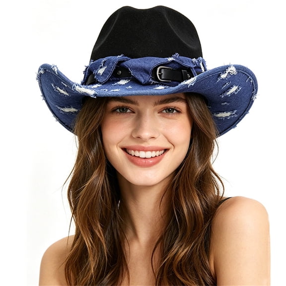 XIAOCHA Womens Distressed Print Cowboy Hat Buckle Fastening Cowgirlhats Outdoor Rodeo Western Cowboy Hat,Blue