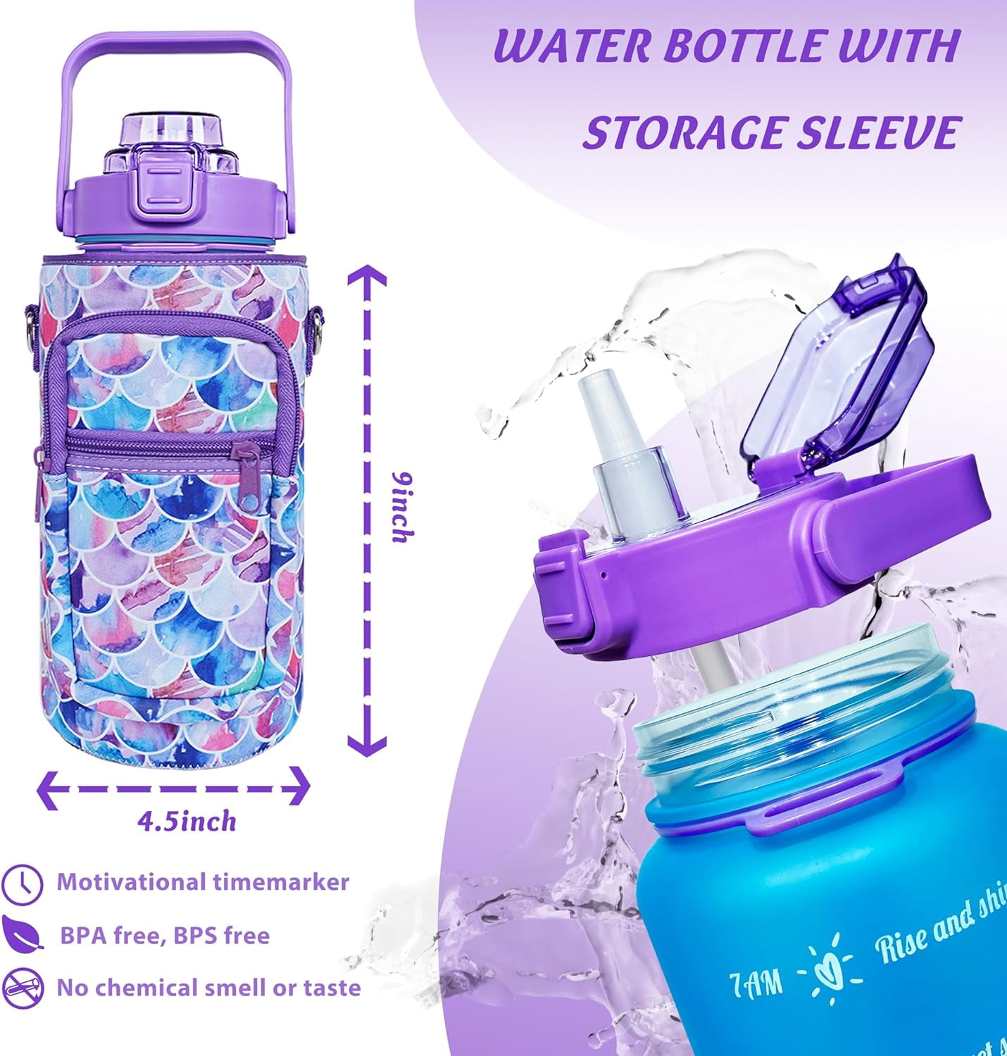 64 oz Water Bottle with Straw Sleeve & Strap Motivational BPA Free Half Gallon Water Jug with Handle for Gym Women Men Aesthetic Water Bottle with Strap Mermaid