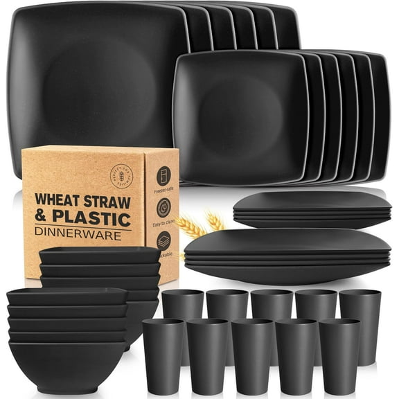 40-piece Plastic Wheat Straw Square Dinnerware Set,Service for10, Unbreakable Dinner Plates, Salad Plates, Snack Bowls, Tumblers 13.5 oz, Dishwasher Safe, Kitchen Outdoor Camping Dish, Black