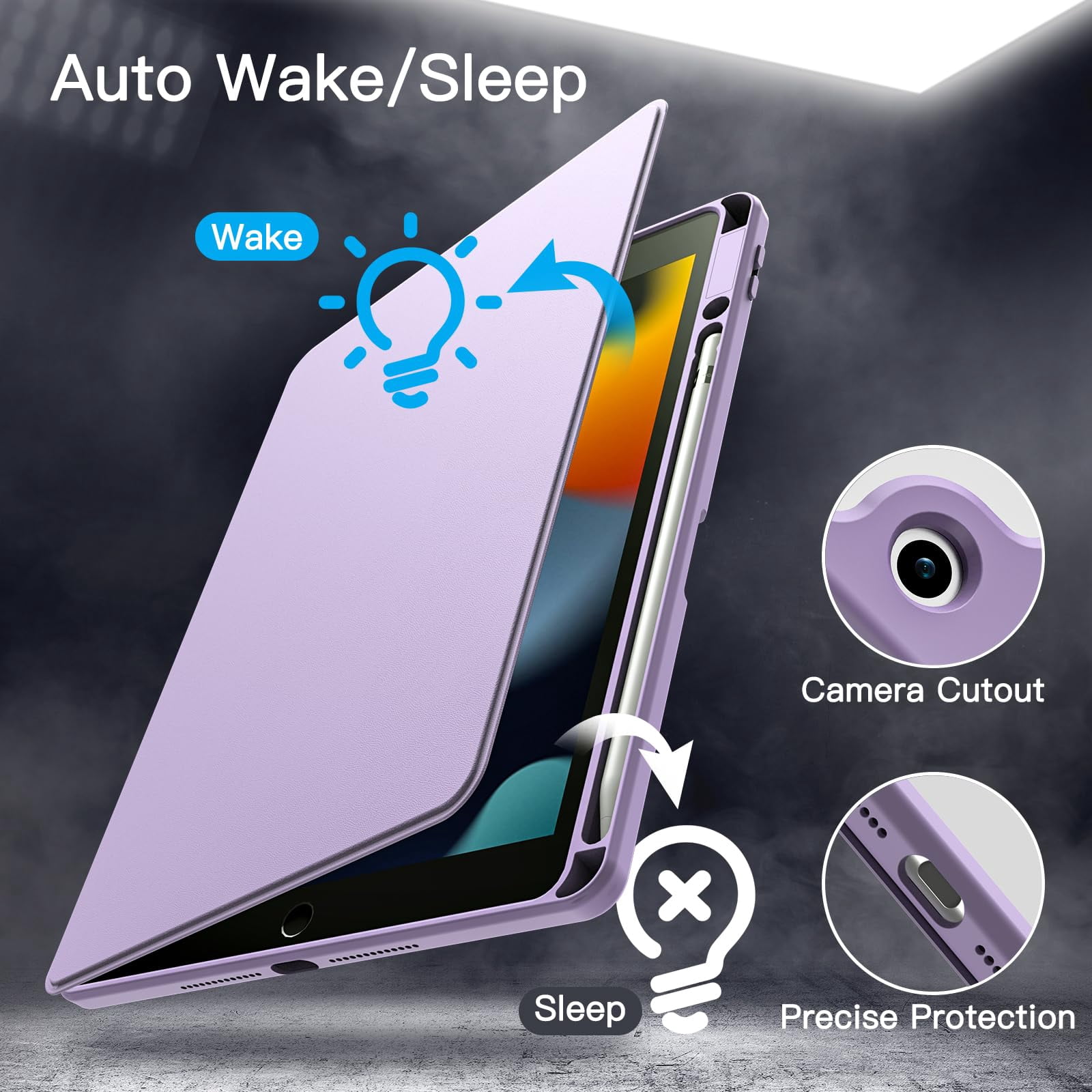 JETech Rotating Case for iPad 9/8/7 (10.2-Inch, 2021/2020/2019 Model, 9th/8th/7th Generation) with Pencil Holder, 360 Degree Rotation Stand Cover Clear Back, Auto Wake/Sleep (Light Purple)