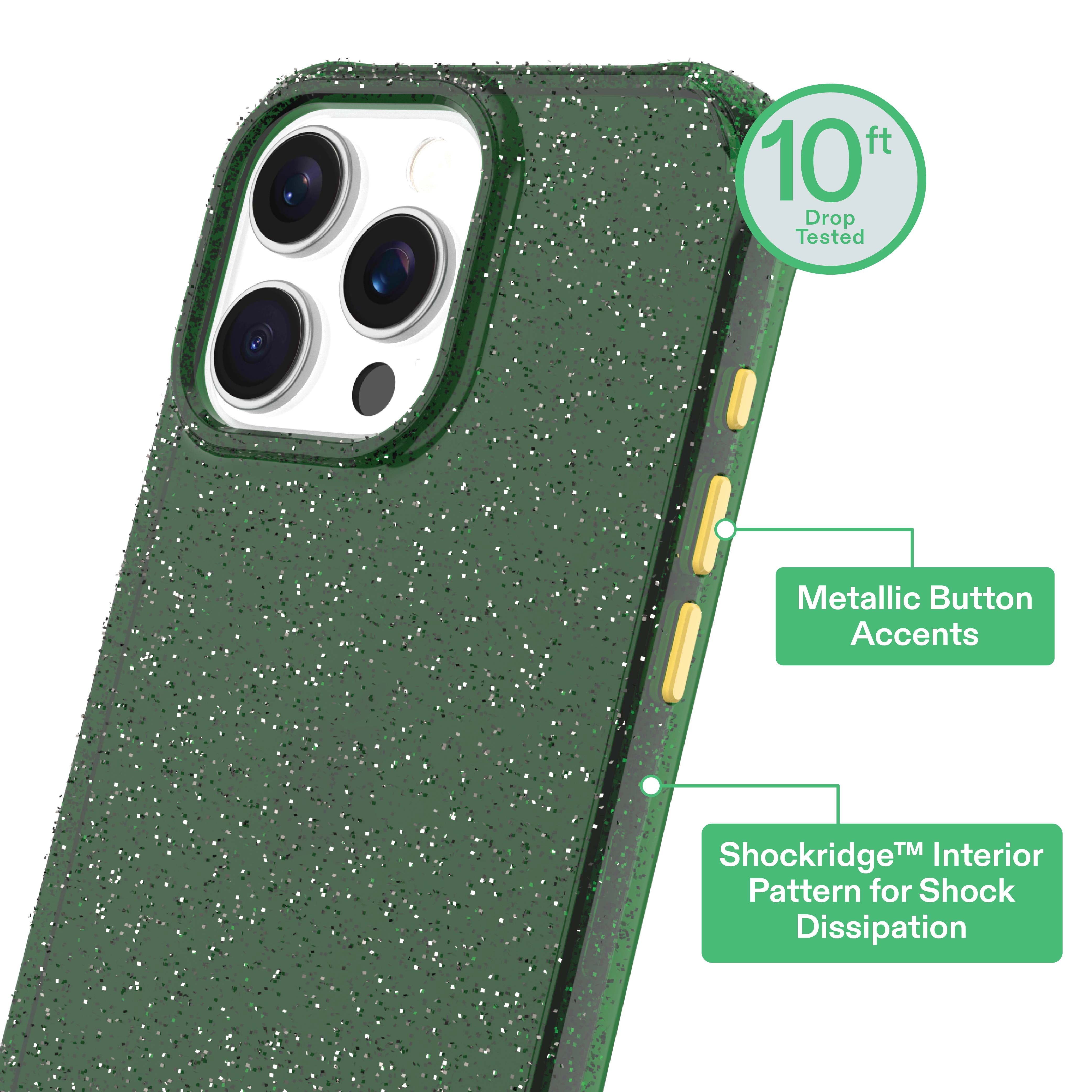 onn Sparkle Phone Case for iPhone 16 Pro Max - Green with Gold Glitter