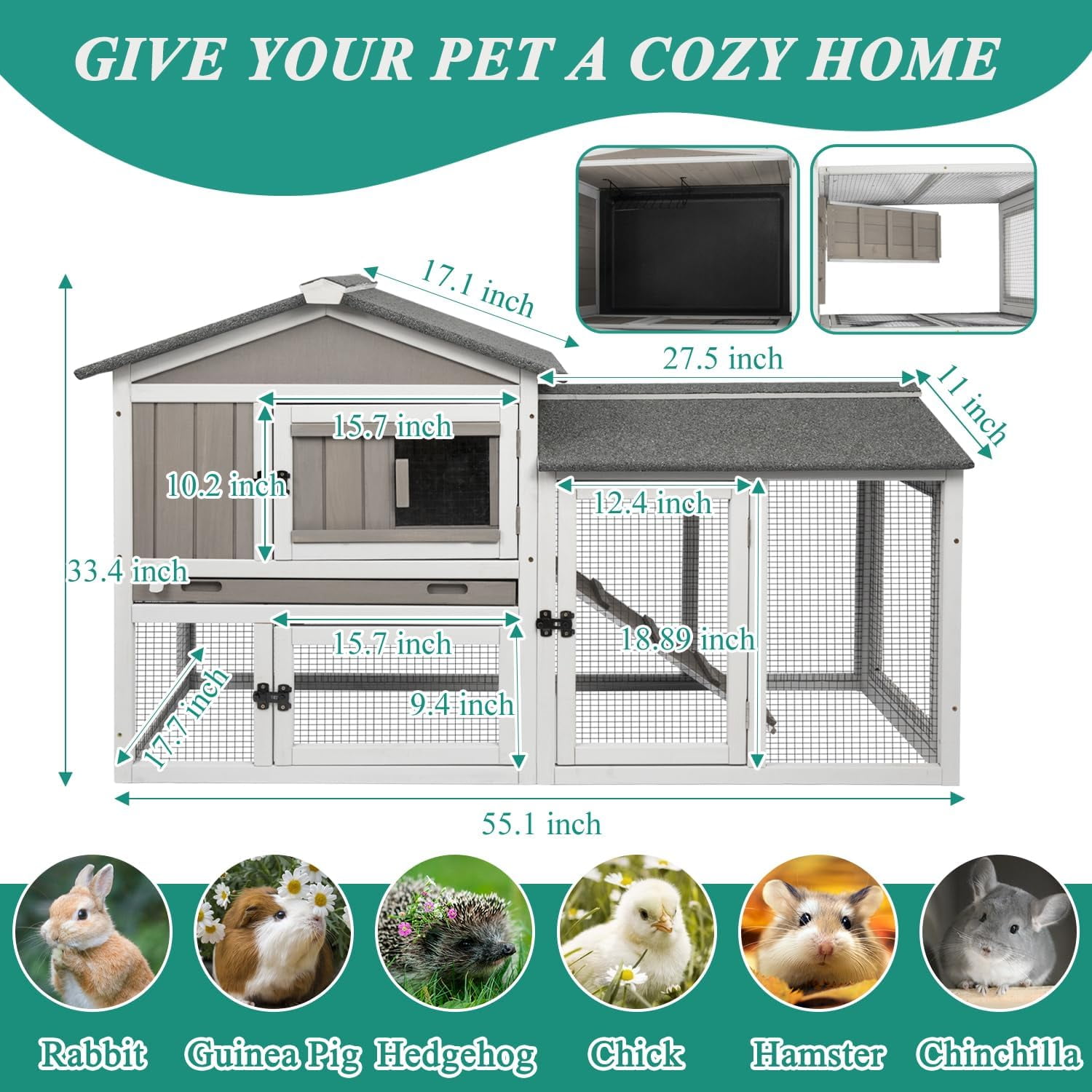 Rabbit Hutch Indoor Bunny Cage Outdoor Bunny Hutch with Pull Out Tray, Wooden Large Rabbit Cage with Run Weatherproof Roof, Guinea Pig Hutch (Grey, 55.1" L x 17.7" W x 33.4" H)