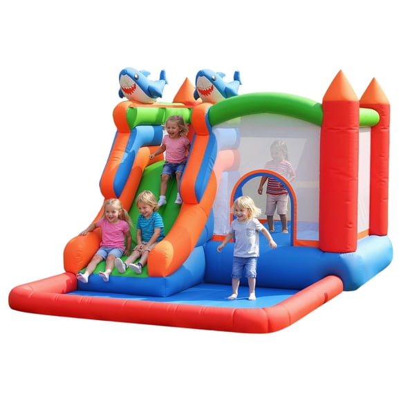 BeesClover Maison Gonflable 5-en-1 avec Requin pour Enfants, avec Glissade, Mur d'Escalade, Fosse à Balles, Panier de Basketball et Piscine d'Eau, Château Rebondissant Durable en Oxford pour Extérieur/intérieur, Idéal pour un Anniversaire