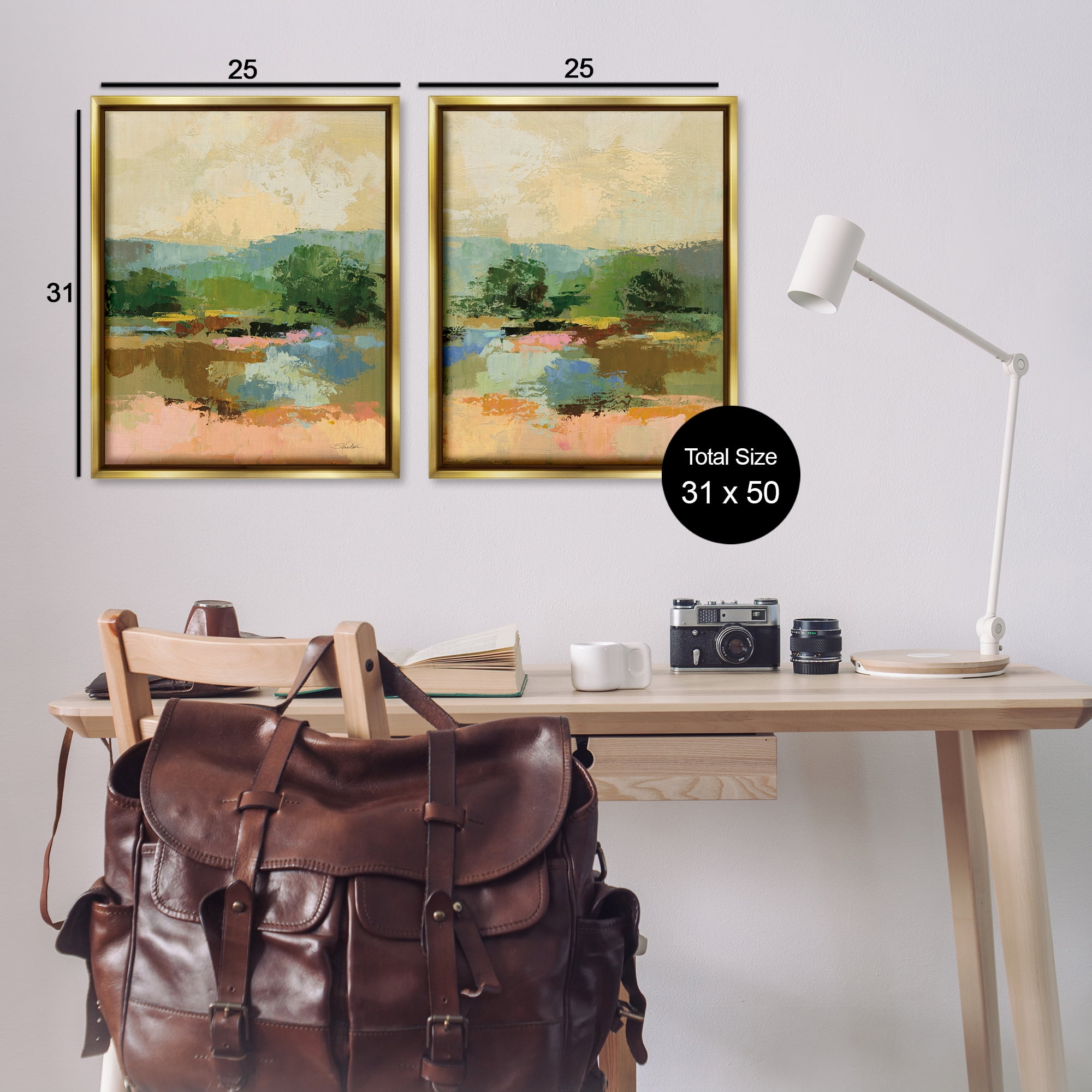 Stupell Industries Across the River Landscape Landscape & Nature Painting Gold Floater Framed Canvas Art Print Wall Art, 31 x 25, Set of 2
