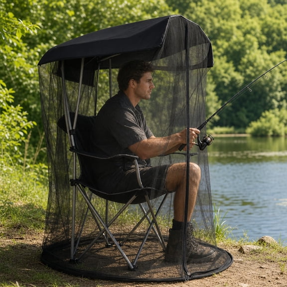 Black Fishing Mosquito Net Tent, Portable Bug Protection Canopy with Zipper and Storage Bag, 32x35x63in