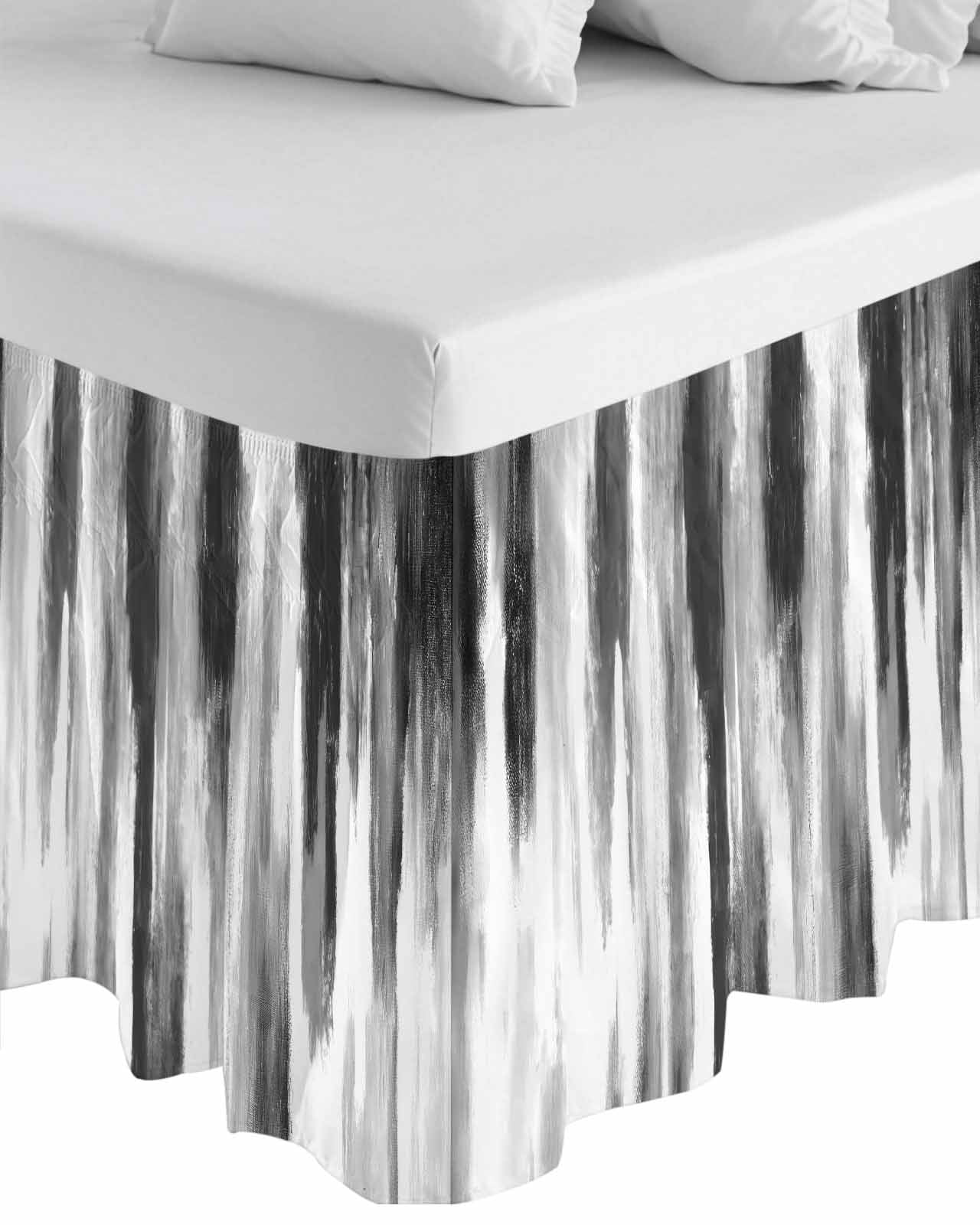 Black Gray White Bed Skirt Cal King Size, Vintage Rustic Abstract Ombre Aesthetic Wrap Around Bed Skirting with Adjustable Elastic Strap, Dust Ruffled Pleated Bedskirts 18 Inch Drop for Bedroom Beds