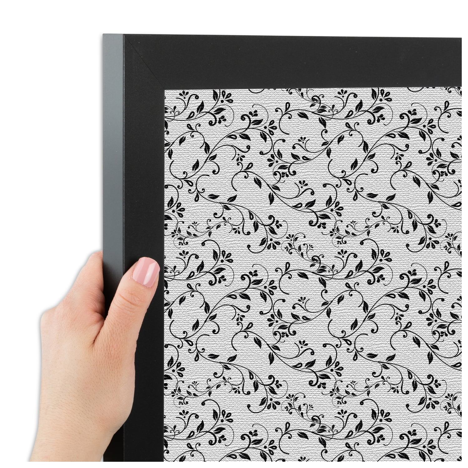 PinPix ArtToFrames 22x34 Custom Cork Bulletin Board Black Flower - Leaf   Poster Board Has a Fabric Style Canvas Finish, Framed in Satin Black (PinPix-178)