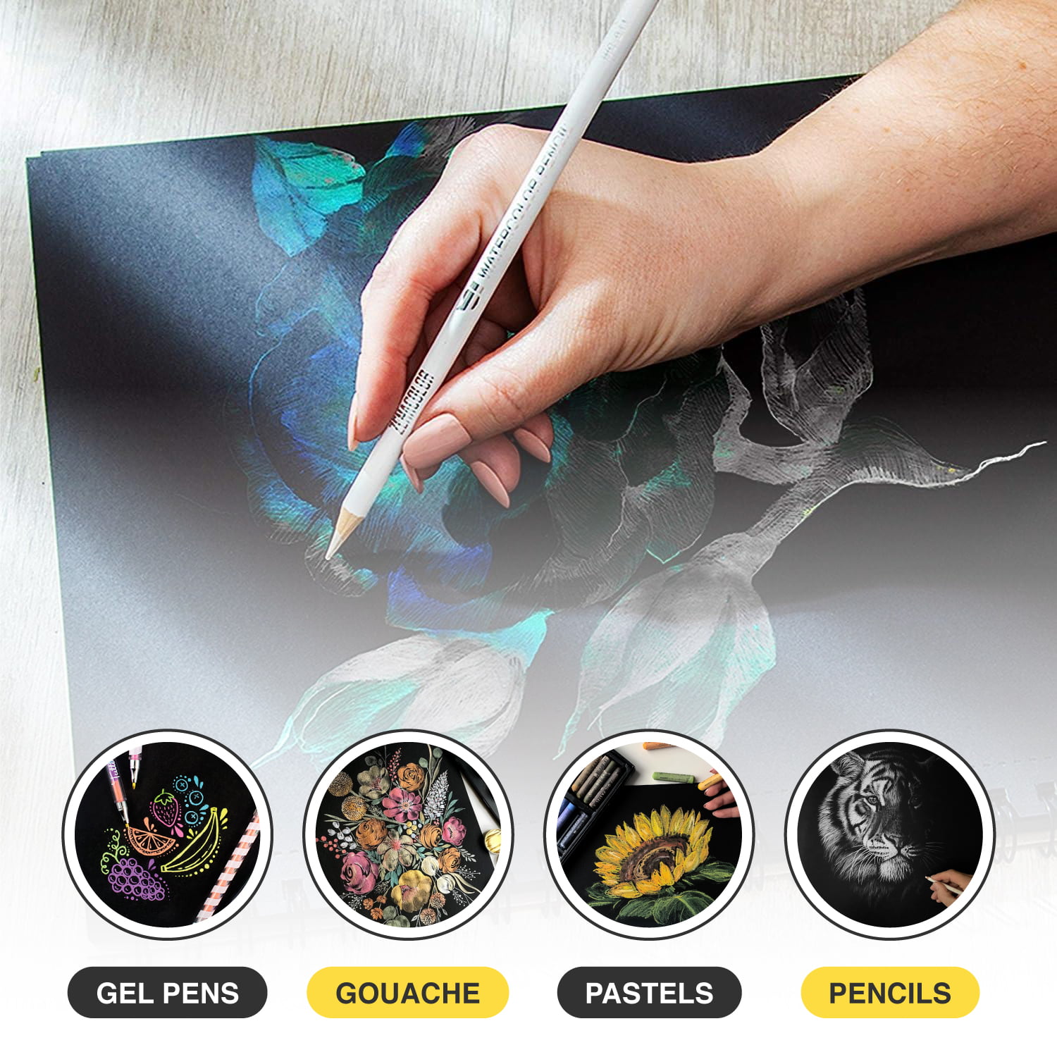 Definite Keep Smiling Acid Free Black Paper Sketch Pad A4 20 Sheets (150  GSM) with Neon Pastel Gel Pens (12 Colors) for Sketching Painting Drawing -  Black Sketch Pad and Neon Pastel Pen 