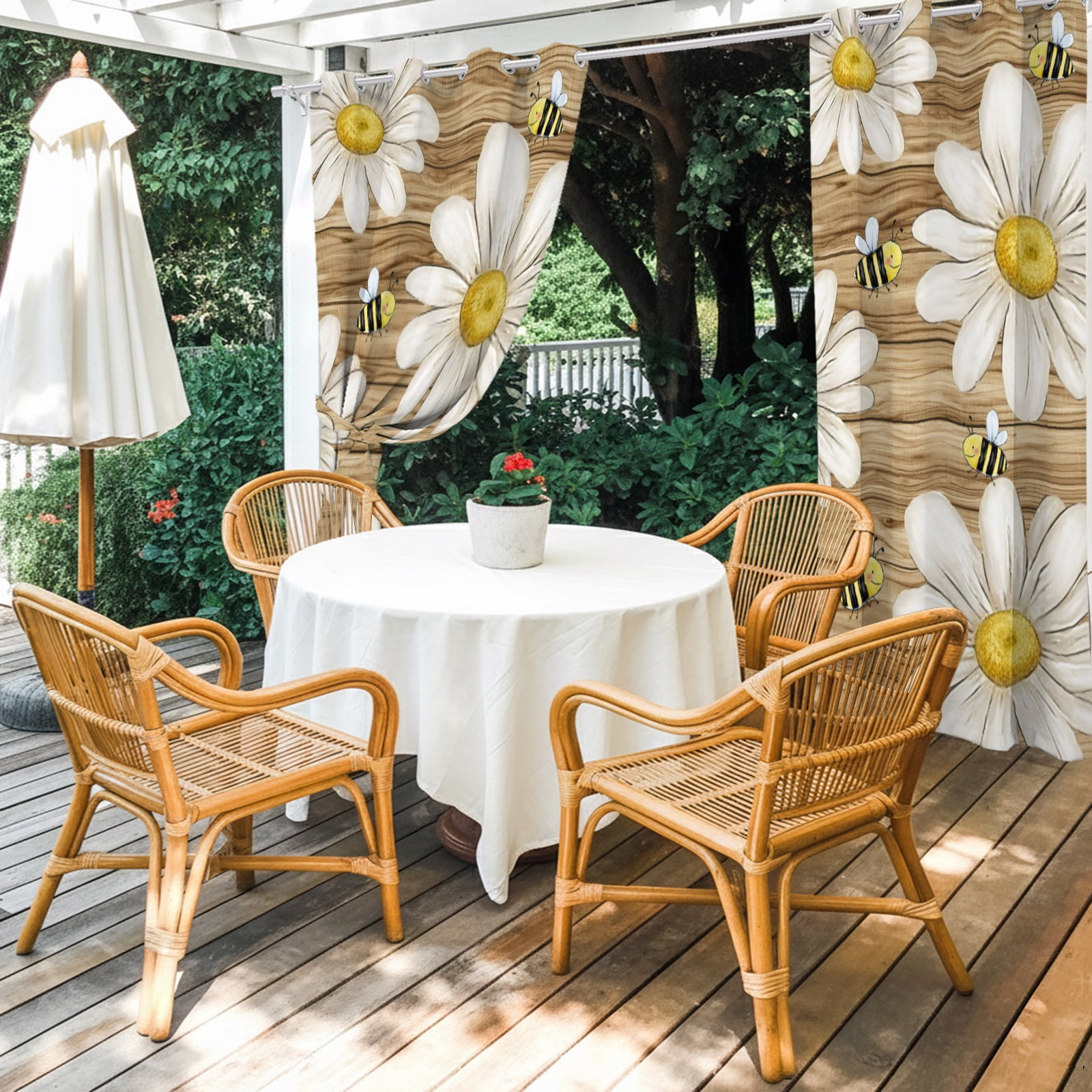 White Daisy Honeybees Outdoor Curtains for Patio, Farmhouse Floral Rustic Wood Stripes Sunshade Privacy Drapes Grommet Waterproof Outside Curtains for Porch/Cabana/Balcony 54"x 108", 1 Panel