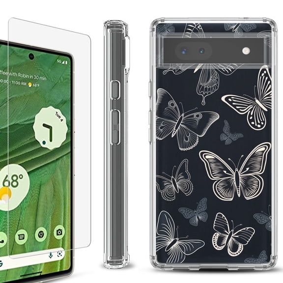 Shockproof Bumper Phone Case for Google Pixel 6a, with Tempered Glass Screen Protector, by OneToughShield ® - Butterfly BW