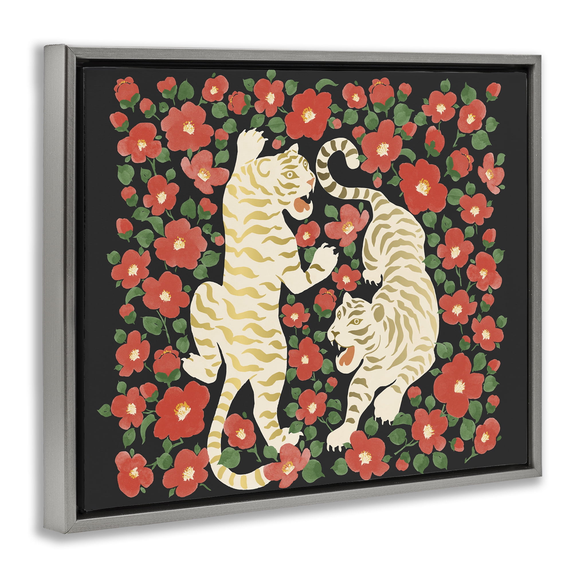 Stupell Industries Ivory Twin Tigers Among Flowers Gray Framed Floater Canvas Wall Art, design by Karolina Sato