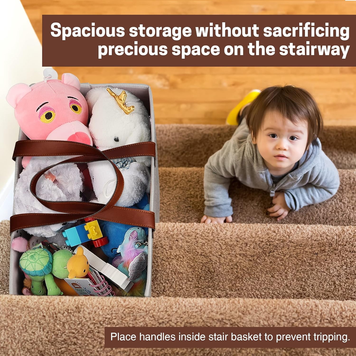 Stair Basket with Anti-Slip Grip for Wooden & Carpeted Stairs, 16"L x 10"W x 16"H Foldable Storage Organizer Bin with Handles for Laundry, Toys, Books, Home Office Decor (Natural Beige)
